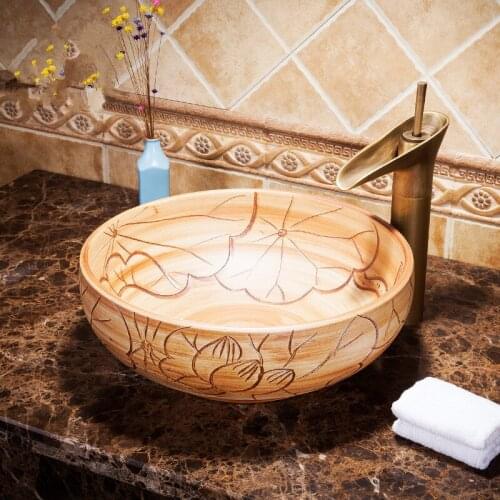 China Artistic Handmade porcelain Round bathroom counter top ceramic Bathroom basin sink ceramic hand wash basin
