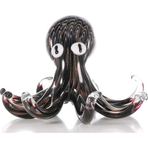 Black Glass Octopus with Curly Tentacles and Round Head Octopus Figurine Handblown Home Decoration