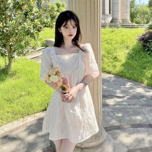 French Square Neck Short-sleeved Dress Women Summer New Style Skirt Korean Waist Casual A-line Short Skirt