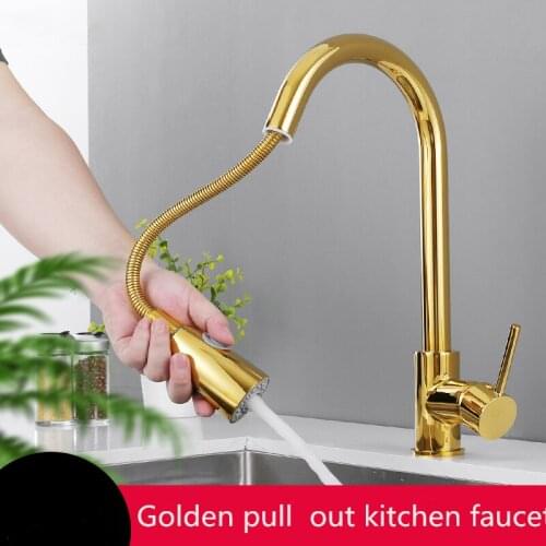 Brass Golden Kitchen Faucets Pull Out Kitchen Tap Single Hole Single Handle Swivel Degree Water Mixer Taps Deck Mounted