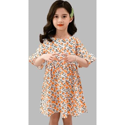 Girls Summer Dress Flare Sleeve Girls Dresses Lemon Print Child Dress Casual Style O Neck Girls Costumes Kids 6 8 10 12 14