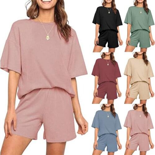 2021 Summer Cotton Sets Women Casual Two Pieces Short Sleeve T Shirts and High Waist Short Pants Solid Outfits Tracksuit