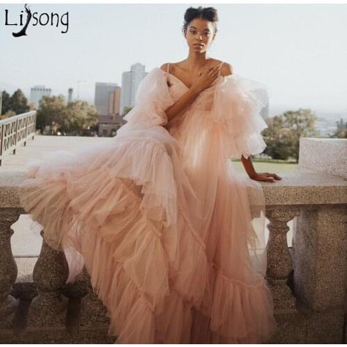 Pretty Pink See Thru Tulle Prom Dresses Ruffles Tiered A-line Prom Gowns Puff Full Sleeves Women Long Robe Plus Size