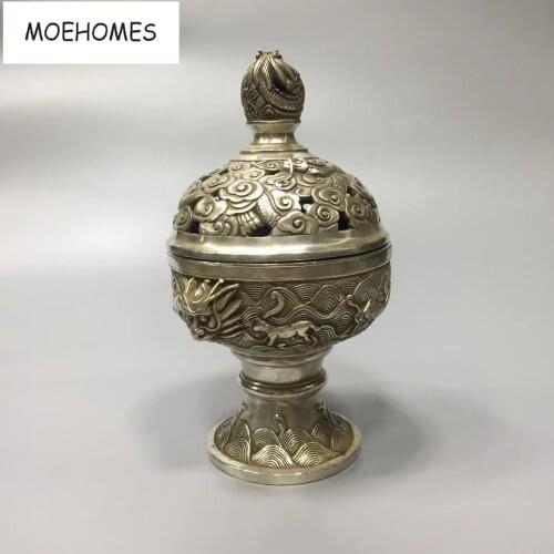 MOEHOMES 6"Decorated antique Tibet Silver dragon statue censer home decoration metal handicraft incense burne