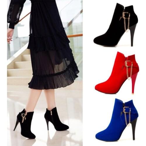 KOLNOO New Arrival Handmade Ladies High Heels Boots Chains Faux Kid-Suede Ankle Booties Large Size Fashion Evening Party Shoes