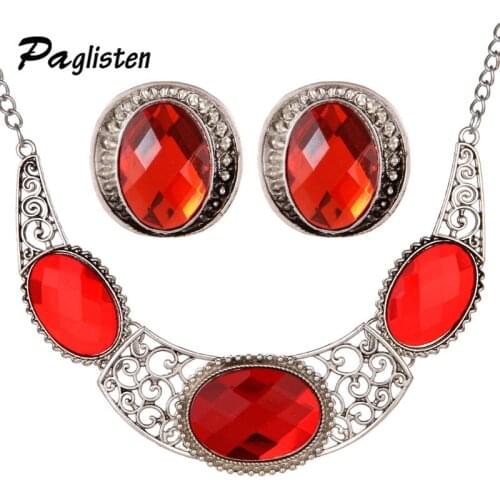 PAGlisten Stylish Jewelry Set Blue crystal Oval Pendant Choker Necklace Earrings Wedding Jewelry for Women ZA33