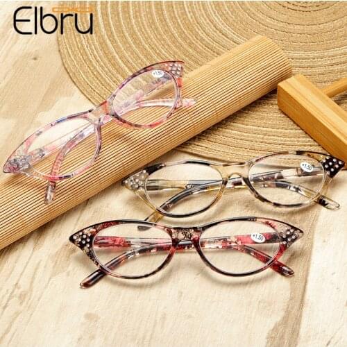 Elbru Floral Printed Presbyopic Glasses PC Frame Crystal Decorated Spring Leg Reading Glasses Unisex With Degree +1.0 to +3.5