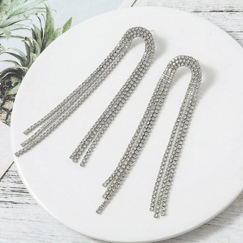 Simple Tassel Rhinestone Long Earrings Silver Color Minimalist Fashion Crystal Earrings Women Jewelry Weddings Party Gifts New
