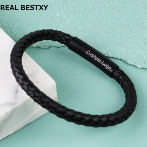 REAL BESTXY Mens Grey /Black Leather Bracelet with Matt Black Clasp braided leather bracelets men women bracelets hot selling