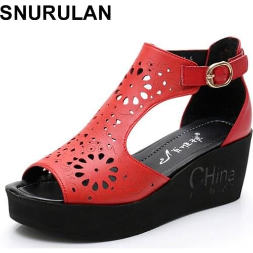 SNURULAN 2020 New Hollow Out Genuine Leather Sandals Women Shoes Wedge Platform Sandals Summer Shoes Woman Fashion Casual Sandal