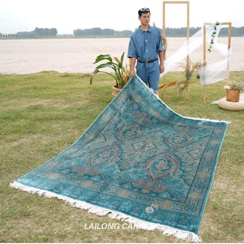 6'x8.3' Blue hand knotted silk rugs easier cleaning handmade hereke silk carpet (YWX163A)