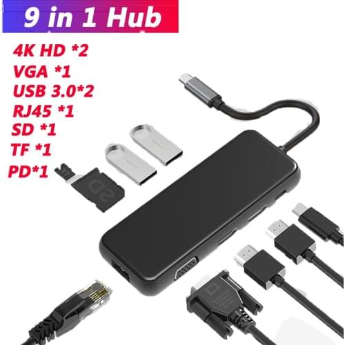 Type C HUB to HDMI USB 3.0 HUB Dock VGA Dual HDMI RJ45 USB Adapter Converter PD Charging for Loptop USB C HUB Thunderbolt 3