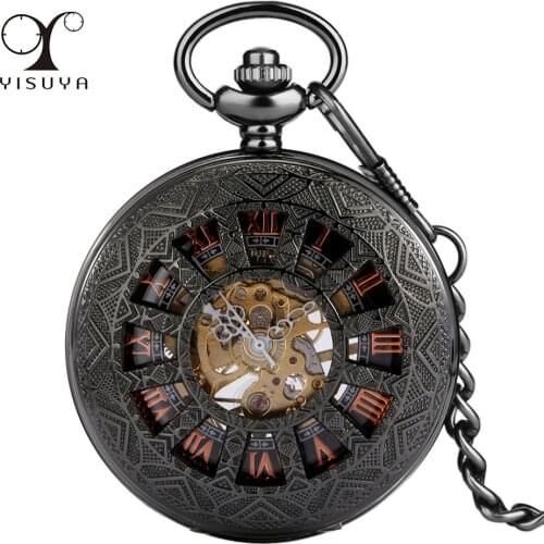 Vintage Black Hollow Half Hunter Mechanical Pocket Watch Rose Gold Roman Numerals Pendant Antique Hand-Winding Pocket Clock Gift
