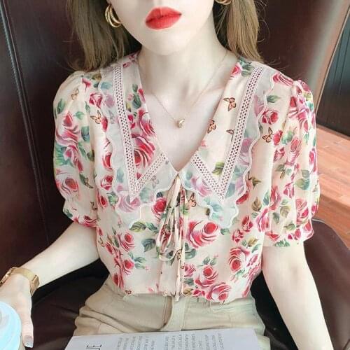 Womens 2021 summer all-match fashion slimming printed lapel bow shirt short sleeve lady