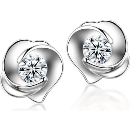 New Elegant 925 Sterling Silver Rose Cubic Zirconia Flower Stud Earrings for Women Girl Brincos Jewelry