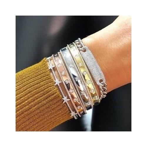2021 new design gold color wide band open bangle bracelet for women square geometry cubic zirconia trendy european lady jewelry