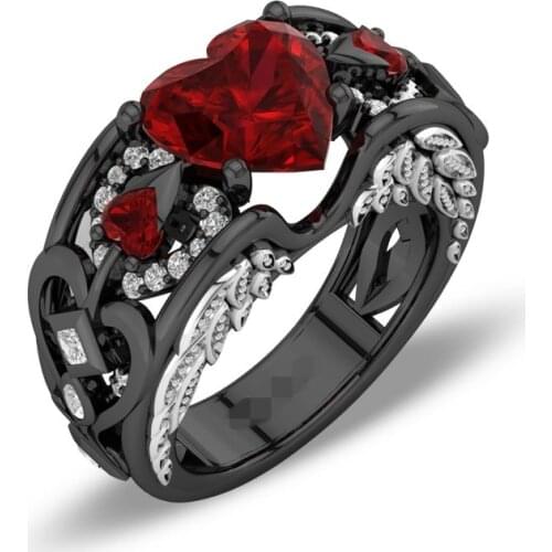 Heart Shaped Lab-created Ruby Black Gold 925 Silver Women Angel Wing Ri Women Engagement Wedding Ring Jewelry Drop shipping
