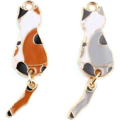 10 Piece Cute Cat Animal Pendants Gold Color Metal White Gray/Orange Enamel Charms DIY Necklace Earrings Jewelry 35mm x 10mm