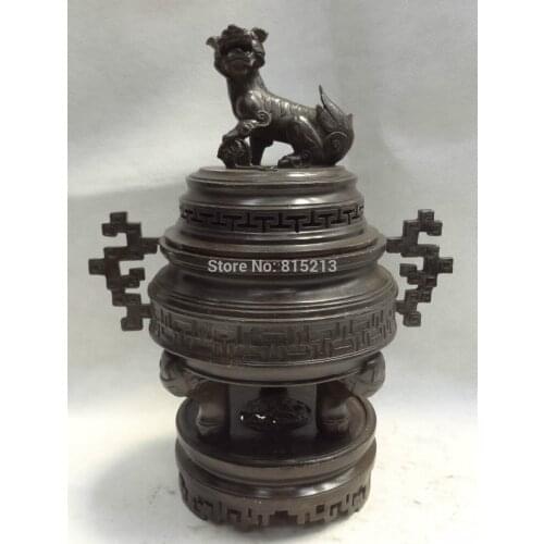 Bi001068 13" Tibet Buddhism Bronze Foo Fu Dog Lion Statue PiXiu Incense Burner Censer