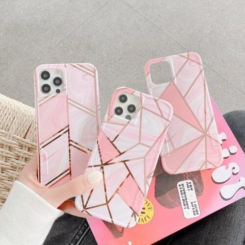 GIMFUN Luxury Plating Geometric Marble Phone Case for iPhone 12 11 Pro X Xr XS Max 7 8plus Case Pink Stripe Soft Tpu Cover