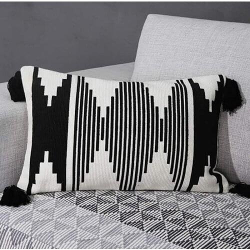 Black White cushion cover 30x50cm pillow cover Cotton Woven Handmade Tassels for Home decoratio Living room Bed Room