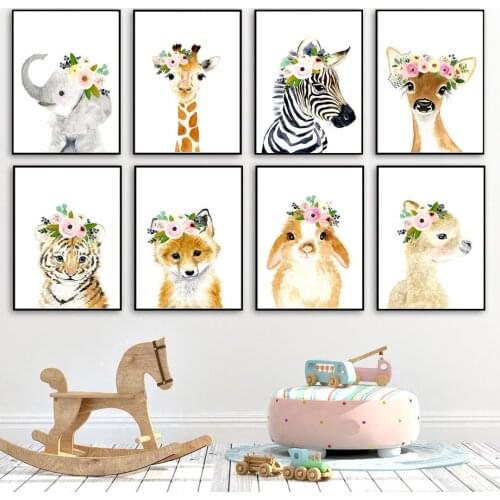 Flower Giraffe Elephant Zebra Fox Rabbit Tiger Nursery Wall Art Canvas Painting Posters And Prints Wall Pictures Baby Kids Room