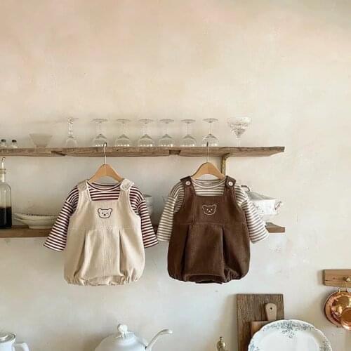 Infant Striped Long Sleeve Tops Strap Shorts Suits Boys Girls Corduroy 2Pcs Outfits T-shirt Crawling Overalls Sets Baby Clothes