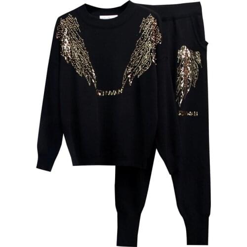 Elegant Autumn 2 Piece Set Women Beading Sequined Knitted Pants Set Tracksuits Casual Knit Sweaters +Trousers Suit