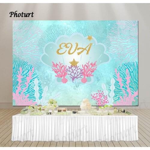 PHOTURT Underwater World Backdrop Girls Birthday Decoration Back Drop Banner Shell Seaweed Polyester Background Decorate Props