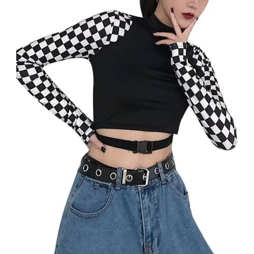 Women’s Streetwear Long Sleeve T-shirt Fashion Plaid Stitching Release Buckle Exposed Navel Tops Club Slim Tshirts