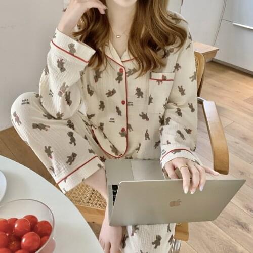 Cotton crepe bear cartoon women pajamas sleepwear pyjamas lady soft casual long sleeve pijamas suit autumn winter homewear L401