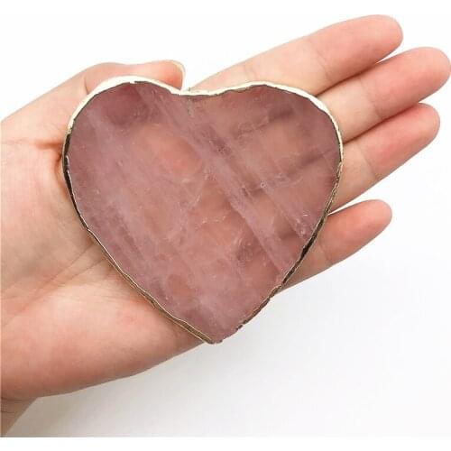 Beautiful 1PC Natural Pink Crystal Heart Coaster Electroplate Aura Polished Stone Home Decors Ornament Natural Quartz Crystals