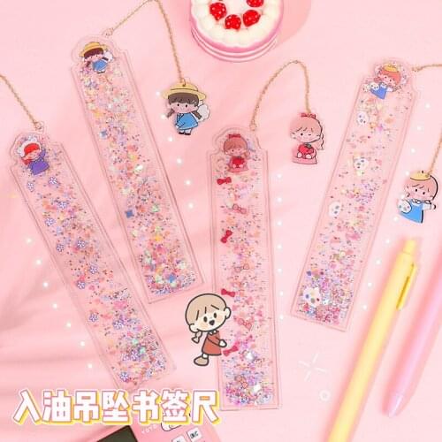 Kawaii Cartoon Girl Bookmarks Multifunction 15cm Ruler Pendant Glitter Book Mark for Kids Gift School Office Supplies Stationery