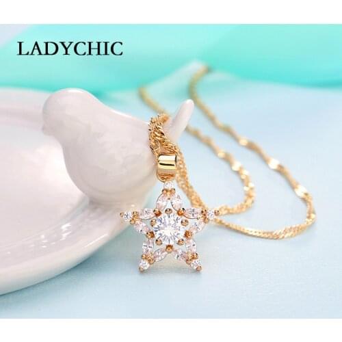 LADYCHIC Luxury Cubic Zircon Pentagram Pendant Necklaces for Women Wedding Party Gift Personality 5 Stars Hip Hop Jewelry LN1142