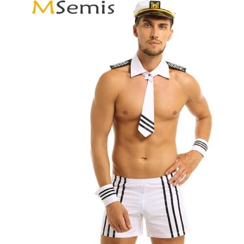 Sexy Cosplay Lingerie Set for Men Erotic Navy Sailor Uniforms Role Play Costume Homme Striped Boxer Shorts Collar Cuffs Clubwear