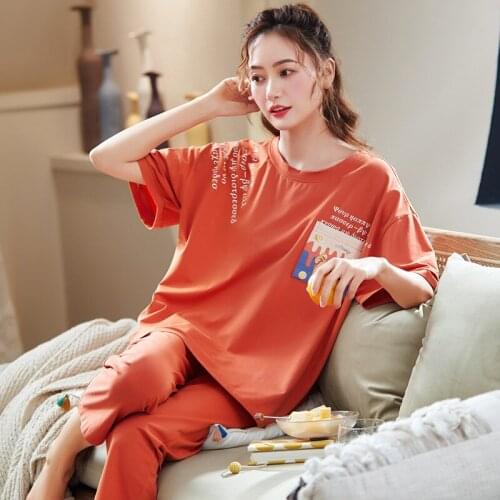 2021 Pajamas Womens Summer Cotton Short Sleeve New Leisure Korean Girls Can Wear Home Clothes 100% Cotton Loose Suit Plus Size