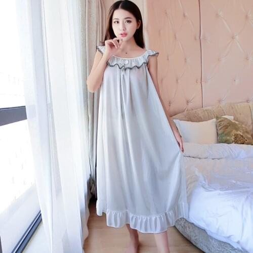 Sexy Female Summer Thin Nightgown Ice Silk Nightwear Sleeveless Night Shirt Solid Loose Sleepwear Casual Night Dress Negligee