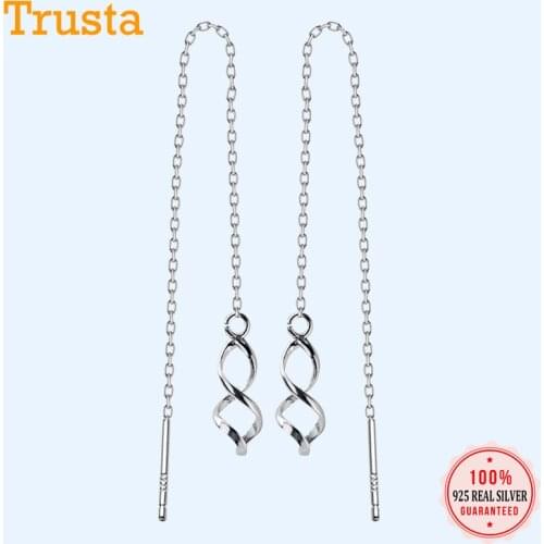 Trusta 100% 925 Solid Real Sterling Silver Dangle Earrings Waves Ear Wire 9cm Linked Drop Stick For Women Girls Jewelry DS1103