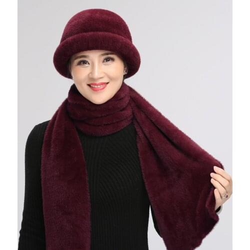 Women Middle Age Hat Winter Lady Pure Color Fashion Scarf Grandmother Mother Birthday Present Elegant Warm Scarves Cap Set H7132