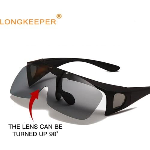 Square Flip Up Polarized Sunglasses Mens Photochromic Sun Glasses Driving Goggle Male Vintage Outdoor Fishing Glasses Cover