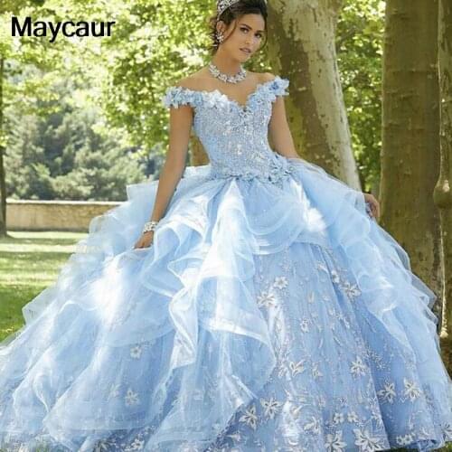 Light Sky Blue Princess Quinceanera Dress 2021 Off Shoulder Appliques Sequins Flowers Party Sweet 16 Gown Vestidos De 15 Años