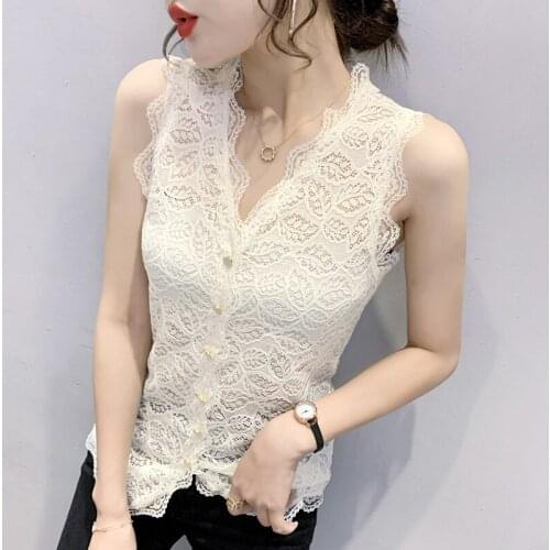 Europe Summer Lace V Neck Tanks Women Slim sleeveless Tops woman Large size