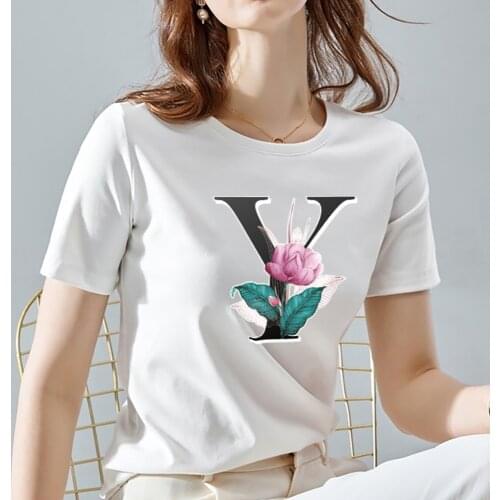 Womens Summer New Fashion T-shirt Slim Bottoming Short-sleeved White 26-flower English Alphabet Pattern Womens Polyester Top