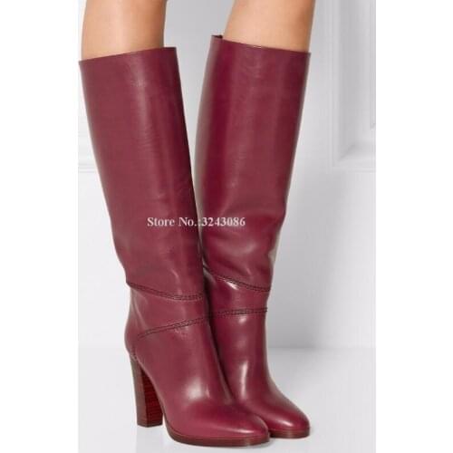 Wine Red Leather Chunky Heel Knee Boots Woman Best Design Large Size Knight Long Boots Ladies Thick Heel Banquet Shoes Dropship