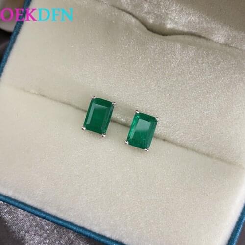 OEKDFN Pure 925 Sterling Silver Stud Earrings For Women Sparkling 5*7MM Emerald Gemstone Fine Jewelry Ladies Christmas Gift