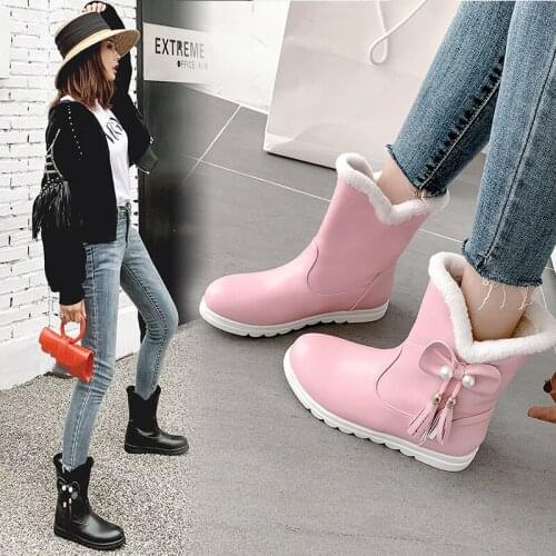 YQBTDL Fringe Bow Pearl Ankle Snow Boots Womens Keep Warm Fur Winter 2021 New Sweet V Shape Top Party Footwear Shoes Ladies Pink
