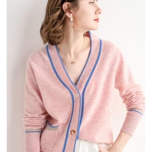 Pure wool 2021 spring womens new Korean loose V-neck color matching coat sweater top knitted cardigan