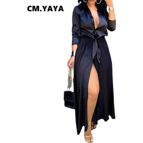 CM.YAYA Women Long Dress Solid Bandage Single Breasted Loose Straight Dresses Office Lady Fashion Vestidos Autumn Outfits 2021