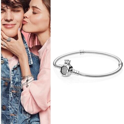 100% 925 брелок Silver Pan Bracelet Shiny O-crown Button Pan Bracelet Fit European Charm Bracelets Women Jewelry