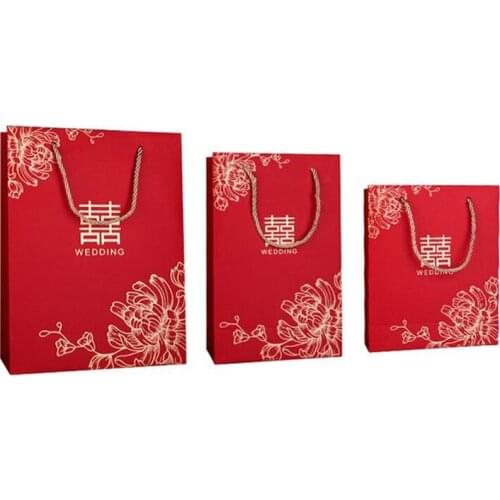 100pcs/lot Chinese style Red Double Happiness Paper gift bags for Wedding Packaging Bag with Handle Party Favors